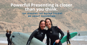 Woman after surfing, illustrating how the principles of surfing and presentation skills are closely connected.